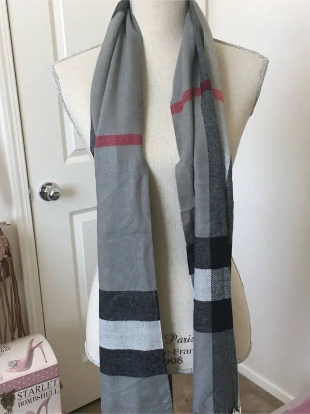 Gray and Red Plaid Infinity Scarf for Men